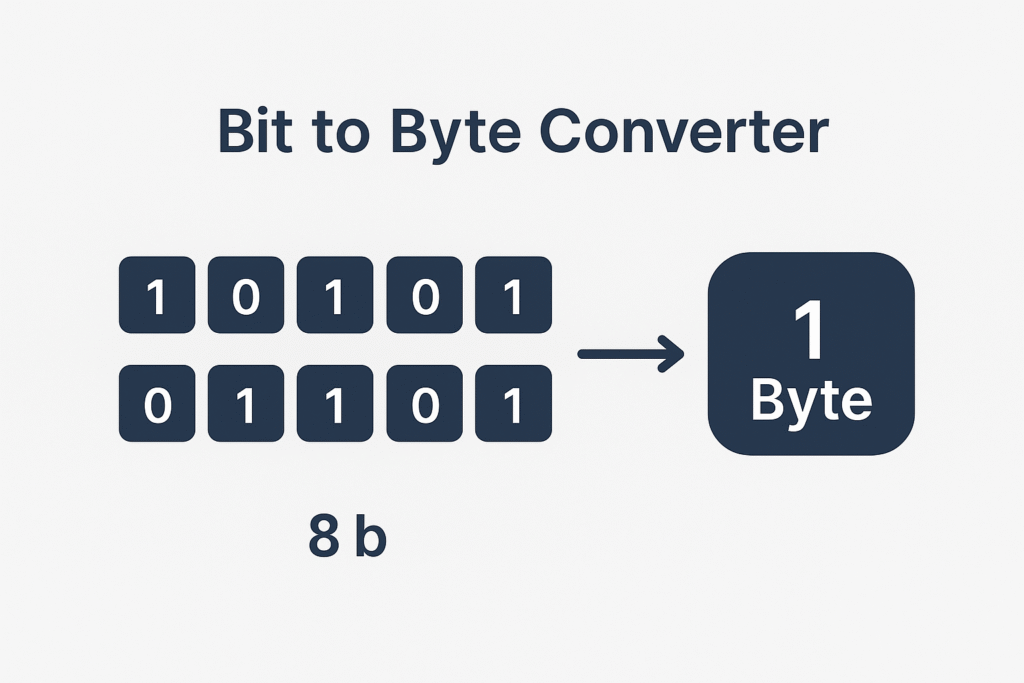 Bit to Byte infographic showing digital data units from bit to byte to kilobyte in a clean modern flat design with visual icons for each unit.