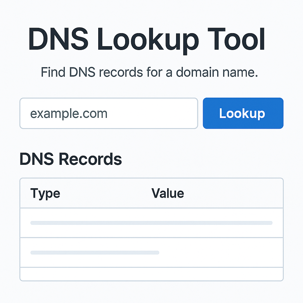 DNS Lookup Tool interface showing a search field for domain names, real-time DNS records display, and a modern web dashboard for network diagnostics