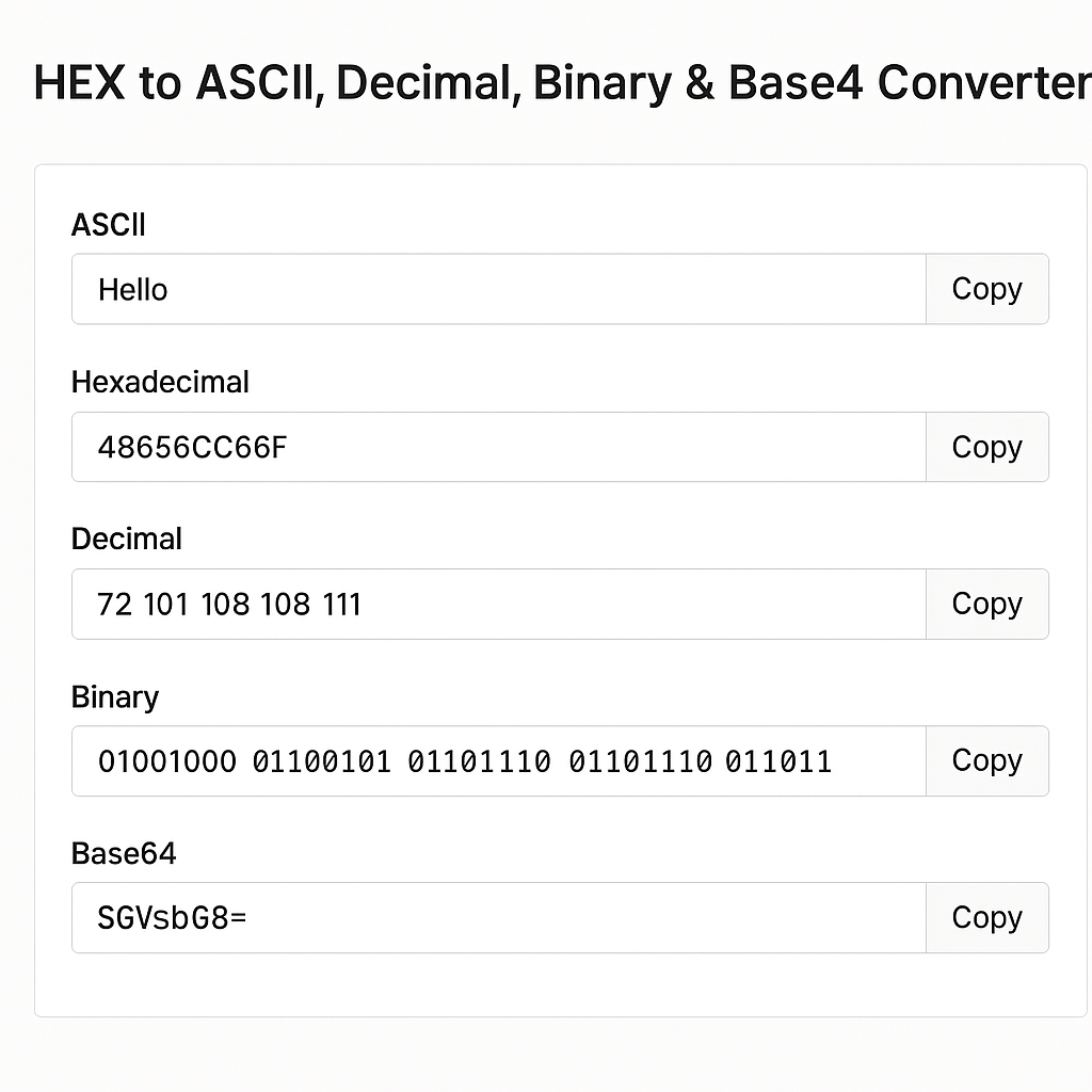 Screenshot of a free hex to ASCII converter tool online with fields for ASCII, hexadecimal, decimal, binary, and base64, including copy buttons.
