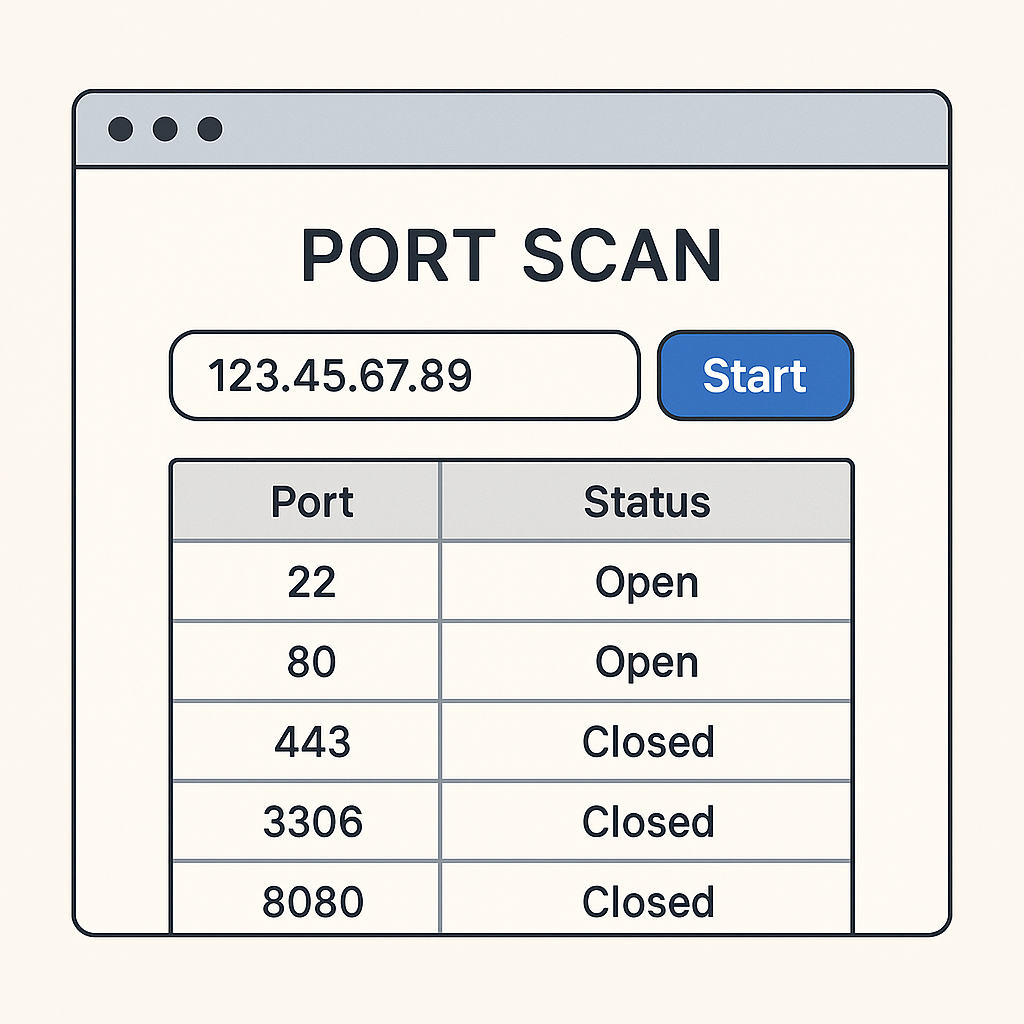 Online Port Scanner web interface showing an input field for host and port, scan button, and real-time scan results panel on a modern dashboard