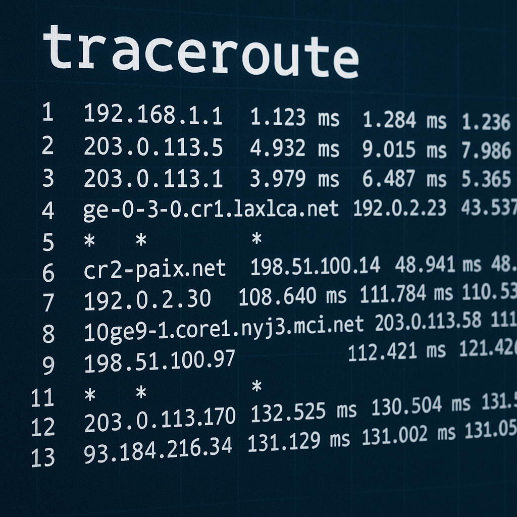 Visual explanation of a traceroute tool showing packets traveling through routers with decreasing TT